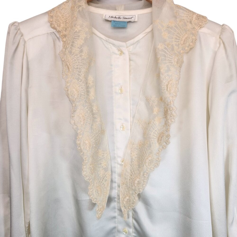 Vintage 80s Satin Lace Shawl Neck Button Down Cream White Cape Regency Victorian - Picture 4 of 10